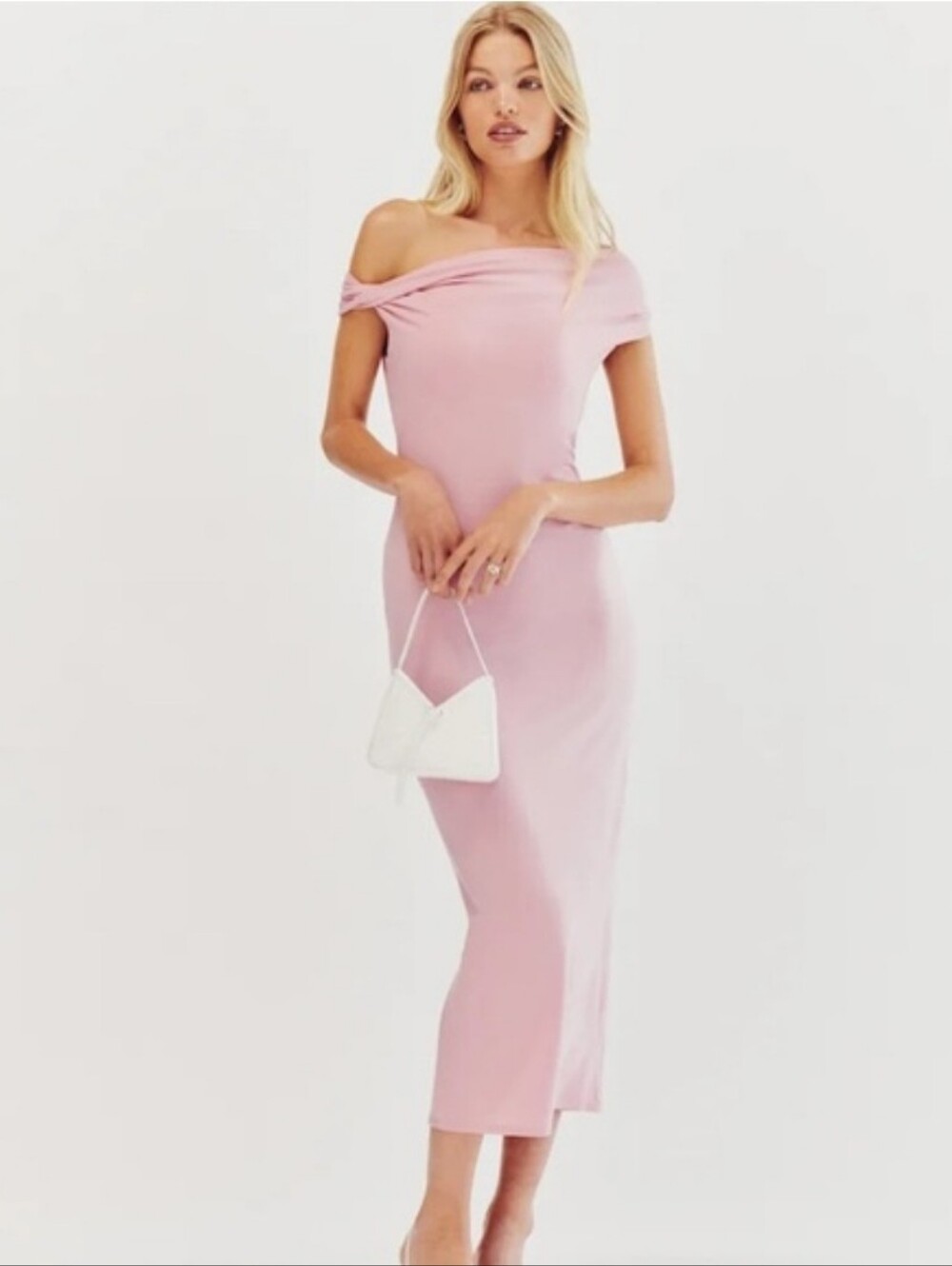 Reformation Jamen Grecian Knit Jersey Midi Dress XL Pink  Bodycon Off Shoulder